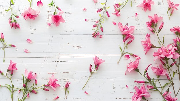 Flowers composition Pink flowers on white wooden background Valentines Day Flat lay Generative AI