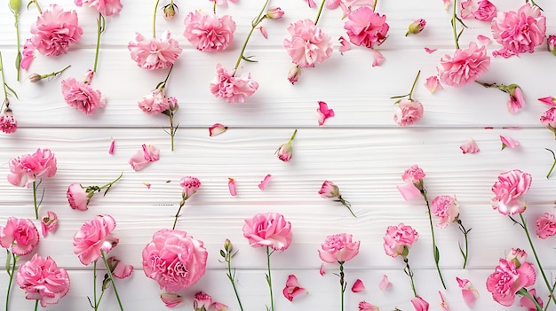 Flowers composition Pink flowers on white wooden background Valentines Day Flat lay Generative AI