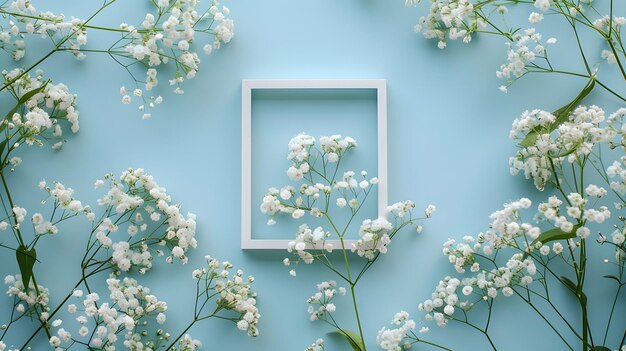 Photo flowers composition romantic white gypsophila flowers photo frame on pastel blue background