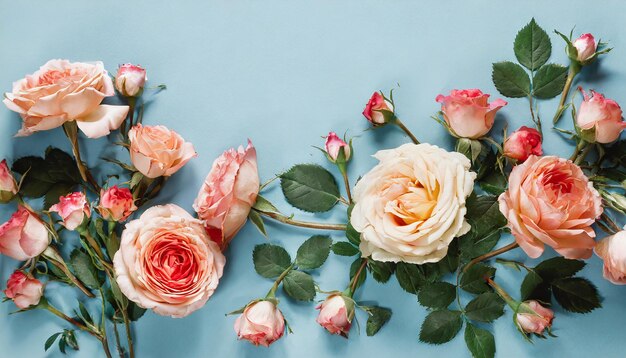 Photo flowers composition rose flowers on blue background valentines day mothers day womens day concept fl