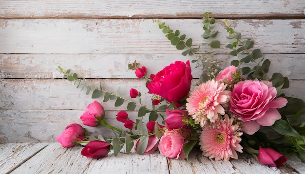 Photo flowers composition for valentine's mother's or women's day pink flowers on old white wood