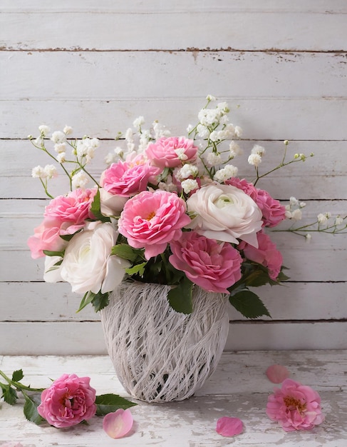 Photo flowers composition for valentine's mother's or women's day pink flowers on old white wood