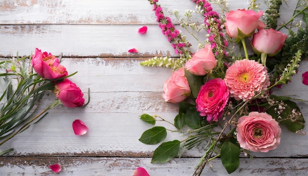 Photo flowers composition for valentine's mother's or women's day pink flowers on old white wood