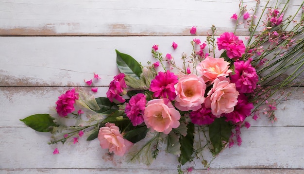 Photo flowers composition for valentine's mother's or women's day pink flowers on old white wood