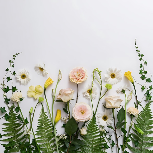 Photo flowers composition on white background flat lay top view