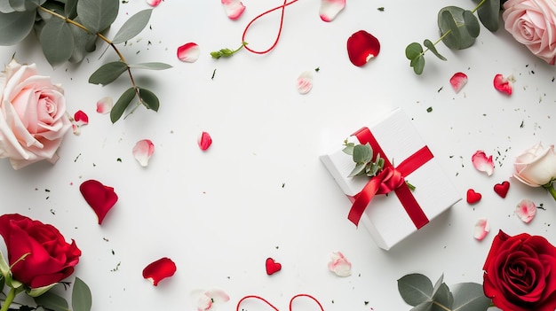 Flowers composition White gift box with red ribbon rose flowers eucalyptus leaves on white backgr