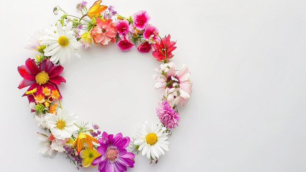 Flowers composition Wreath made of various colorful flowers on white background East Generative AI