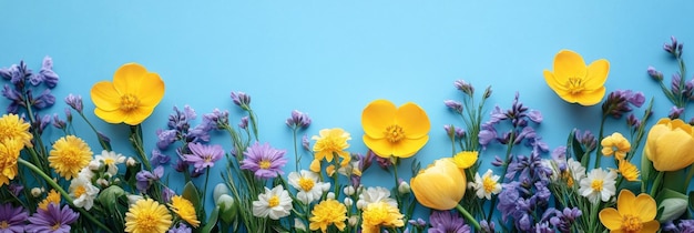 Photo flowers composition yellow and purple flowers on blue background easter spring summer concept flat lay top view