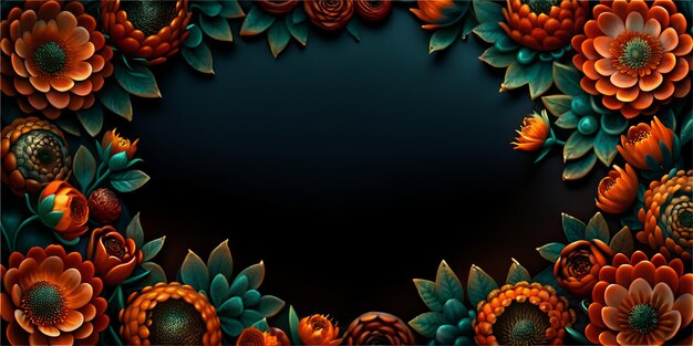 Flowers creating an oval frame on a dark backdrop Mexican festive dia de los muertos background Fest