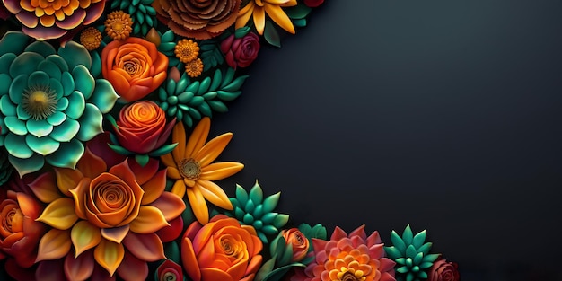 Flowers on a dark backdrop for wallpaper banners of mexican festive dia de los muertos background Fe