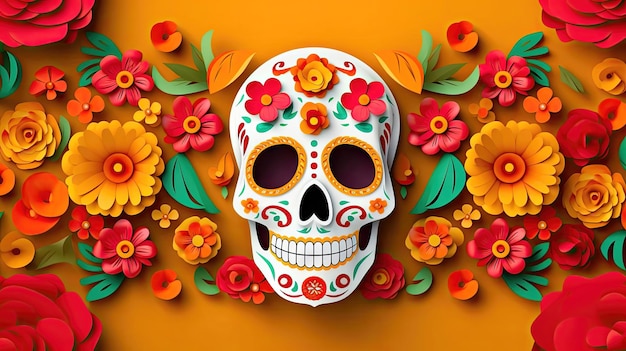 Flowers and Decorative Skull for Day of the Dead Celebrations Generative AI