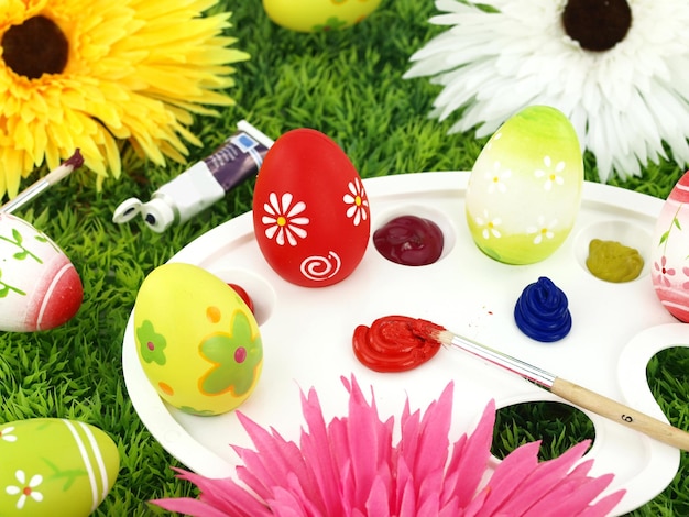 Flowers and Easter eggs on palette