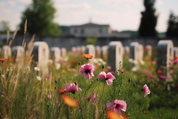 Flowers in a field with a house in the background