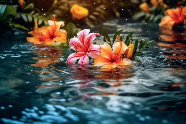 Flowers floating on water surface with beautiful reflections and vibrant colors