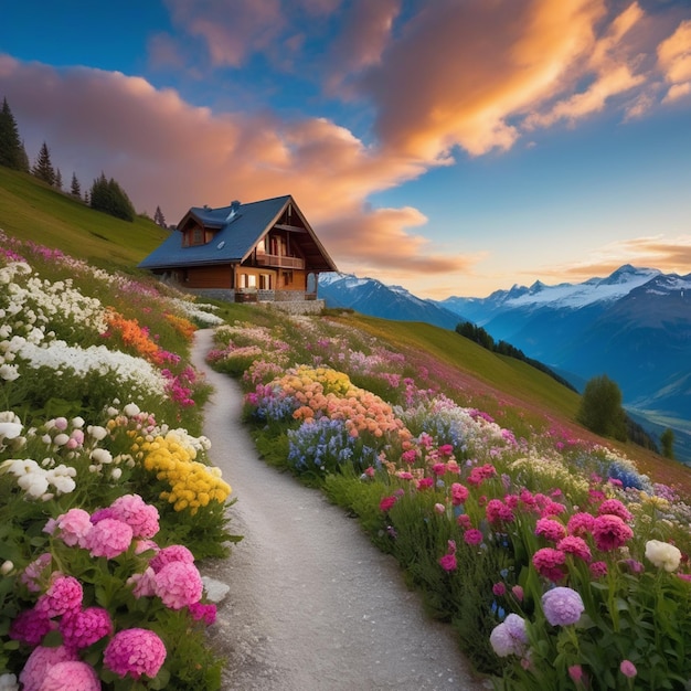 Flowers in the foreground of a mountain house with a pathway leading to it