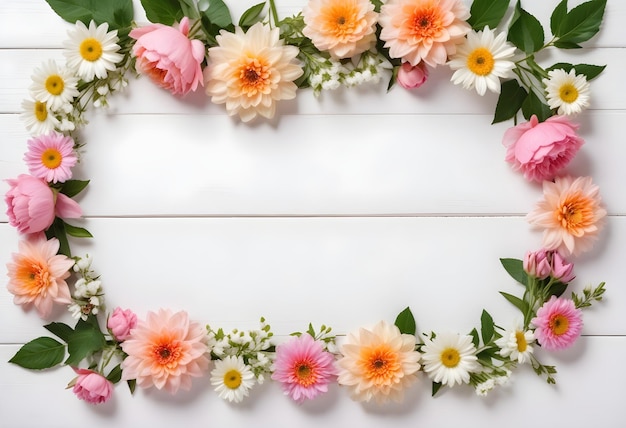 Flowers frame on white wooden background with copy space