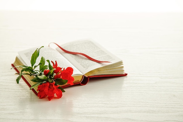 Flowers and fruits of a pomegranate on a religious Jewish book