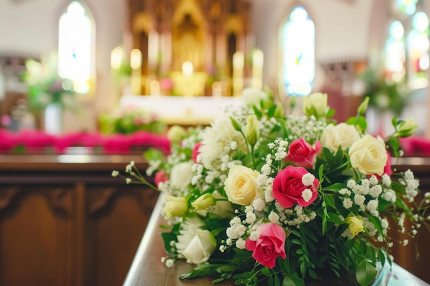 Flowers or funeral wreath lying on the coffin in the church funeral theme