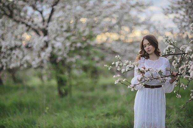 flowers garden girl trees mood happiness, asia tourism, bloom traditional seasonal background april