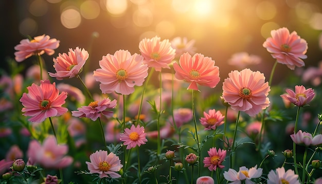 flowers in the garden at sunset