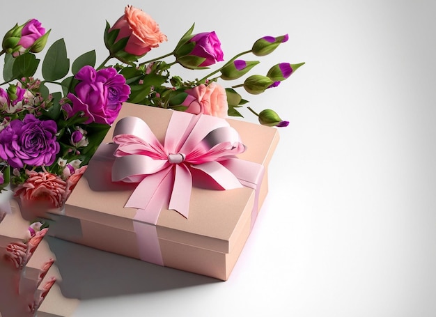 flowers and gift box isolated on white background and copy space