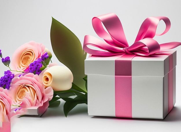 flowers and gift box isolated on white background and copy space