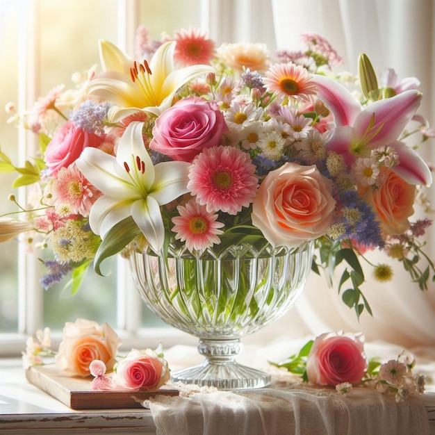 Flowers in a glass vase by the window