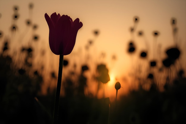 Flowers and grass on the background of the sunset sky contrasting ai generation