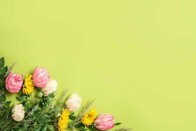 Flowers on a green background banner Generative AI