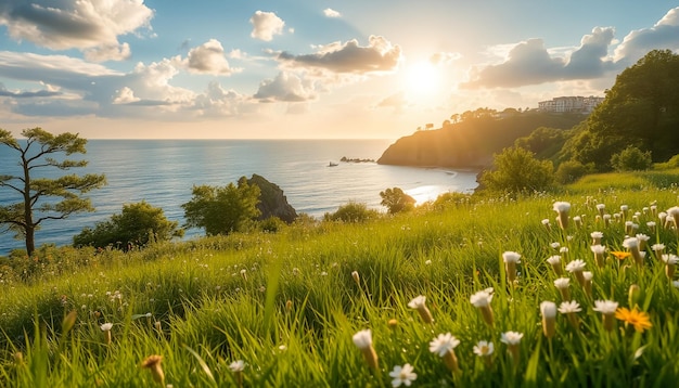 Photo flowers on a green hill with the ocean in the background