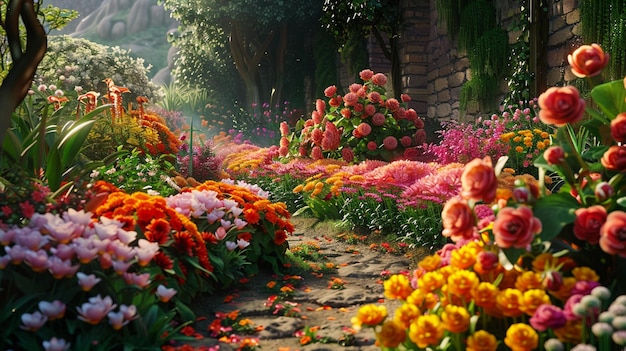 Photo flowers on the ground and a brick wall with a tree in the background