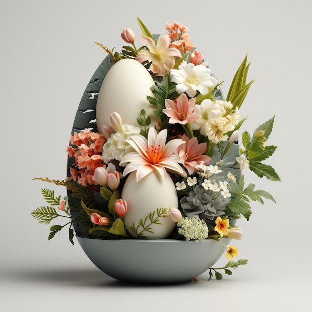 Flowers growing in Easter egg isolated on white background Mockup for congratulations Floral print Happy Easter concept