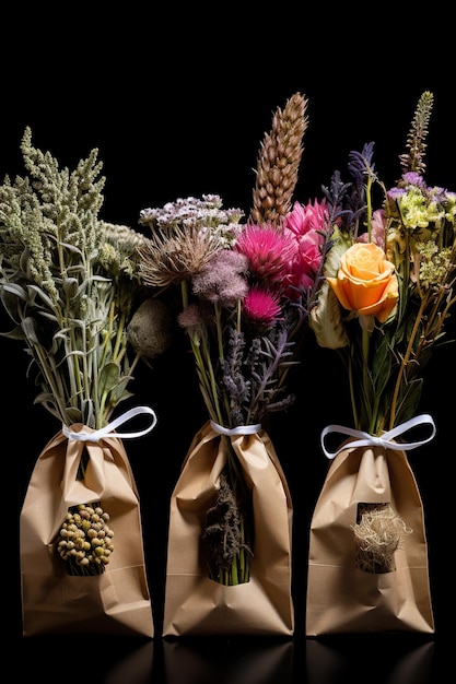 flowers in kraft packaging on black background