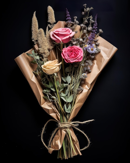 Photo flowers in kraft packaging on black background