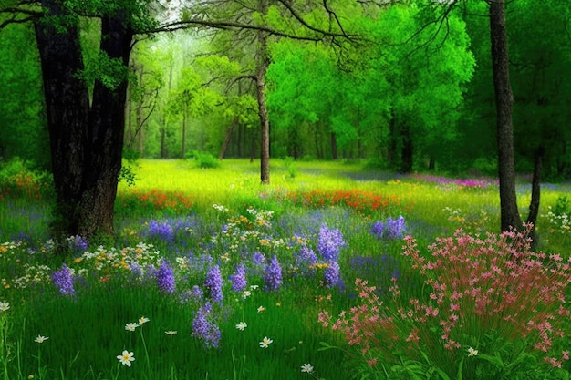 Flowers in landscape of forest clearing flower meadow in spring created with generative ai