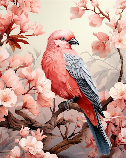 Flowers leaves and bird in soft tones for freshness designs Illustration with Botanical elements