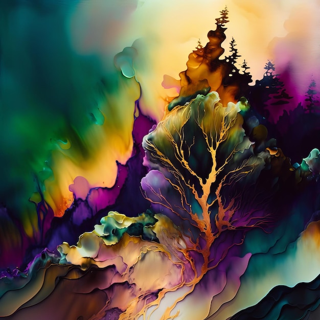 Flowers and leaves bright spots black background paint Generative AI