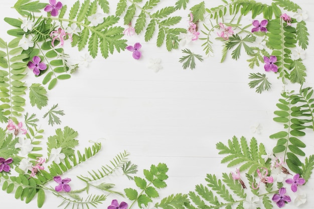 Flowers and leaves on white wooden background