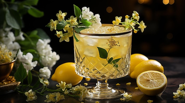 Flowers and Lemon Garnish on Cocktail