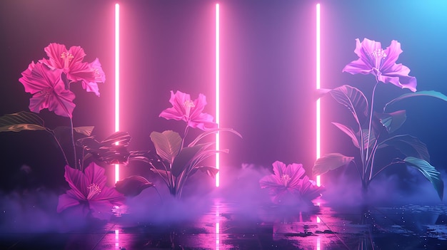 Flowers in the neon light Pink and purple flowers on a dark background with neon lights 3D rendering