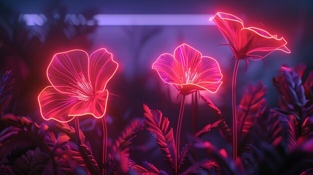 Flowers in the night glowing with vibrant colors The petals are delicate