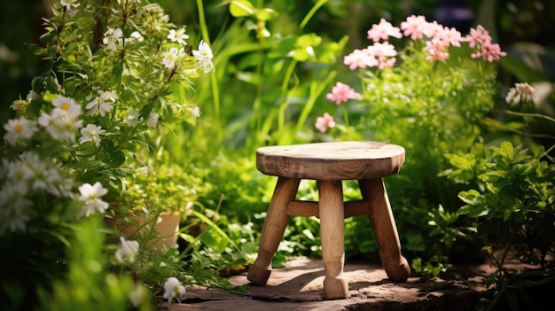 Photo flowers old wooden stool