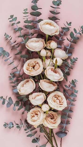 Flowers pattern texture made of beige roses eucalyptus branches on pale pastel pink background flat lay top view