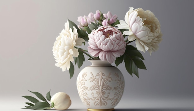 Flowers peonies in vase on white backgroundGenerative AI