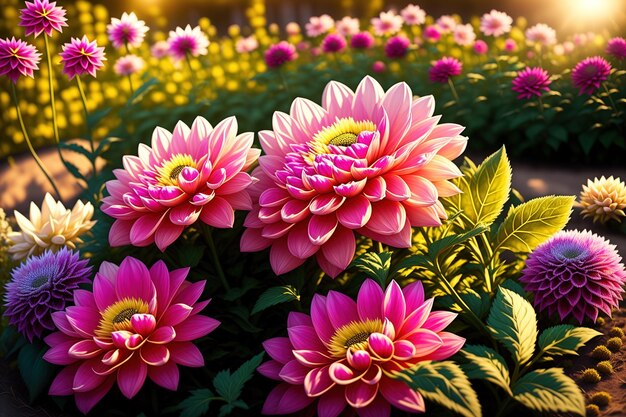 Flowers pink dahlias in the garden on the flower beds