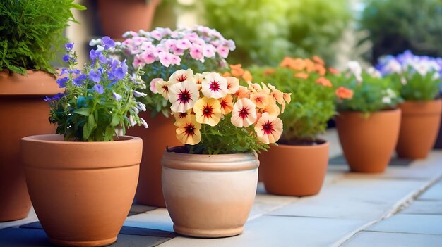 Flowers in pots in the garden on a sunny day