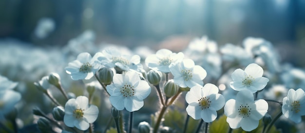 Flowers primroses on a beautiful blue background macro AI Generated Image