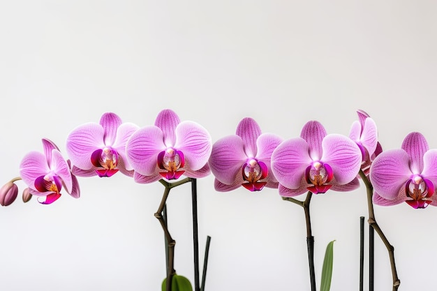 Flowers of purple phalaenopsis on a white background Copy space Generative AI