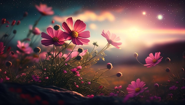 Flowers on a rock wall with a sunset background