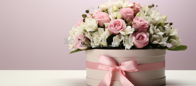 flowers in round box and pink gift box on a white table